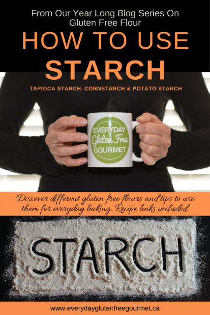 Photo of the Everyday Gluten Free Gourmet in black, holding coffee mug with logo, underneath is picture of STARCH written in a big rectangle of starch on a black background.