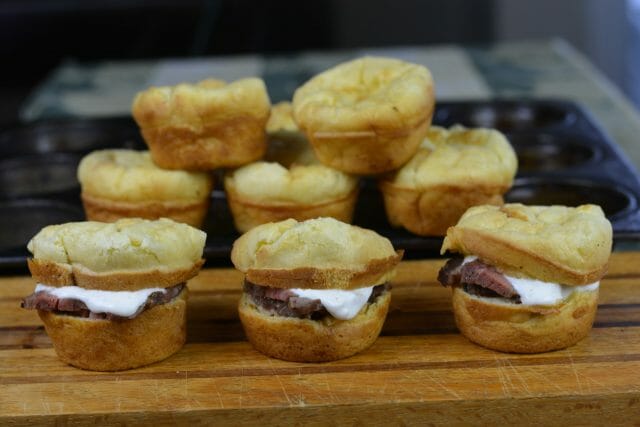Gluten Free Yorkshire Pudding Roast Beef Sliders with horseradish cream sauce.