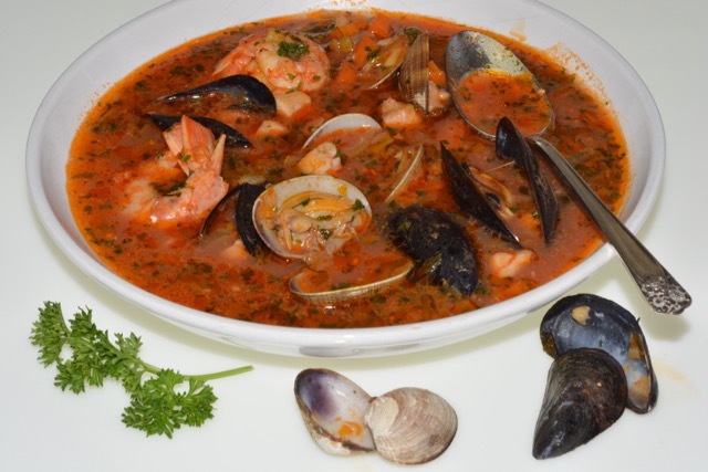 A bowl of Italian Fish and Shellfish Soup