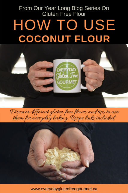 Photo of the Everyday Gluten Free Gourmet in black, holding coffee mug with logo, underneath is two hands holding coconut flour against a black background.